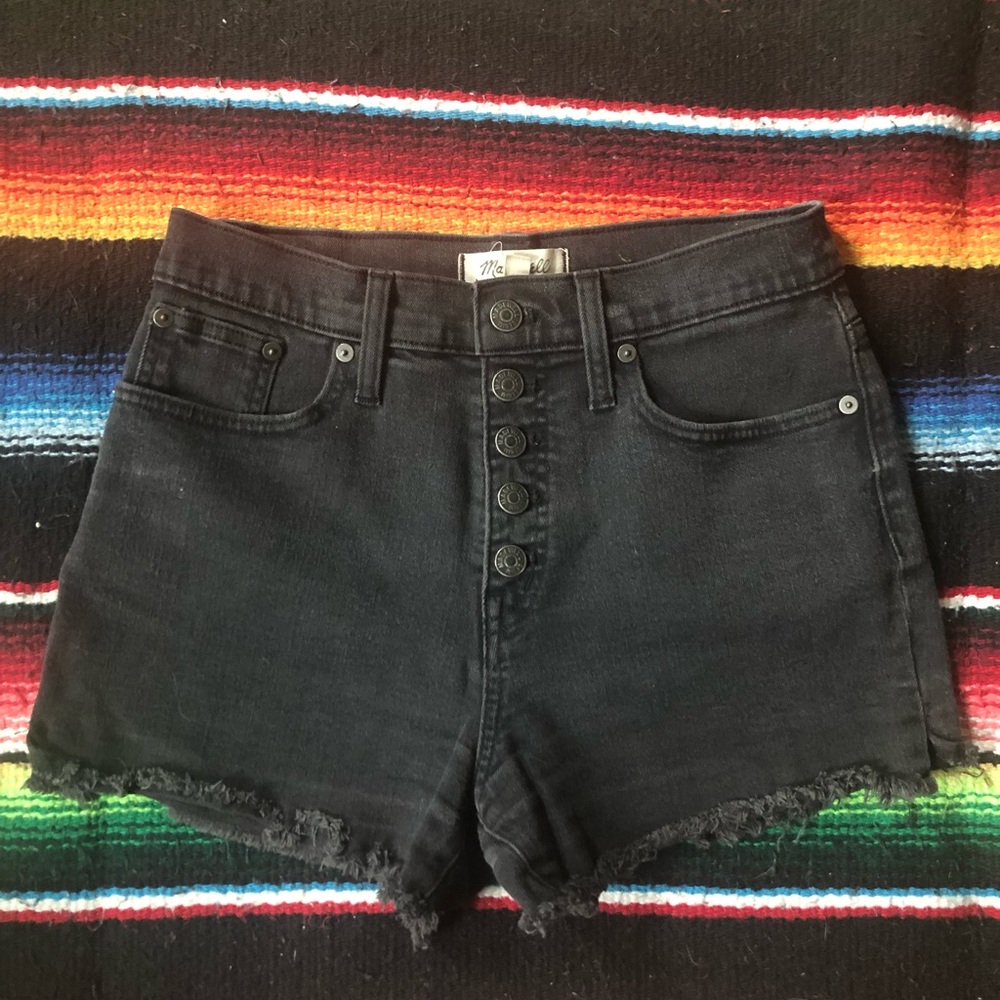 Used Madewell High Rise Denim Shorts Boyshorts Faded Black Exposed Button Fly.